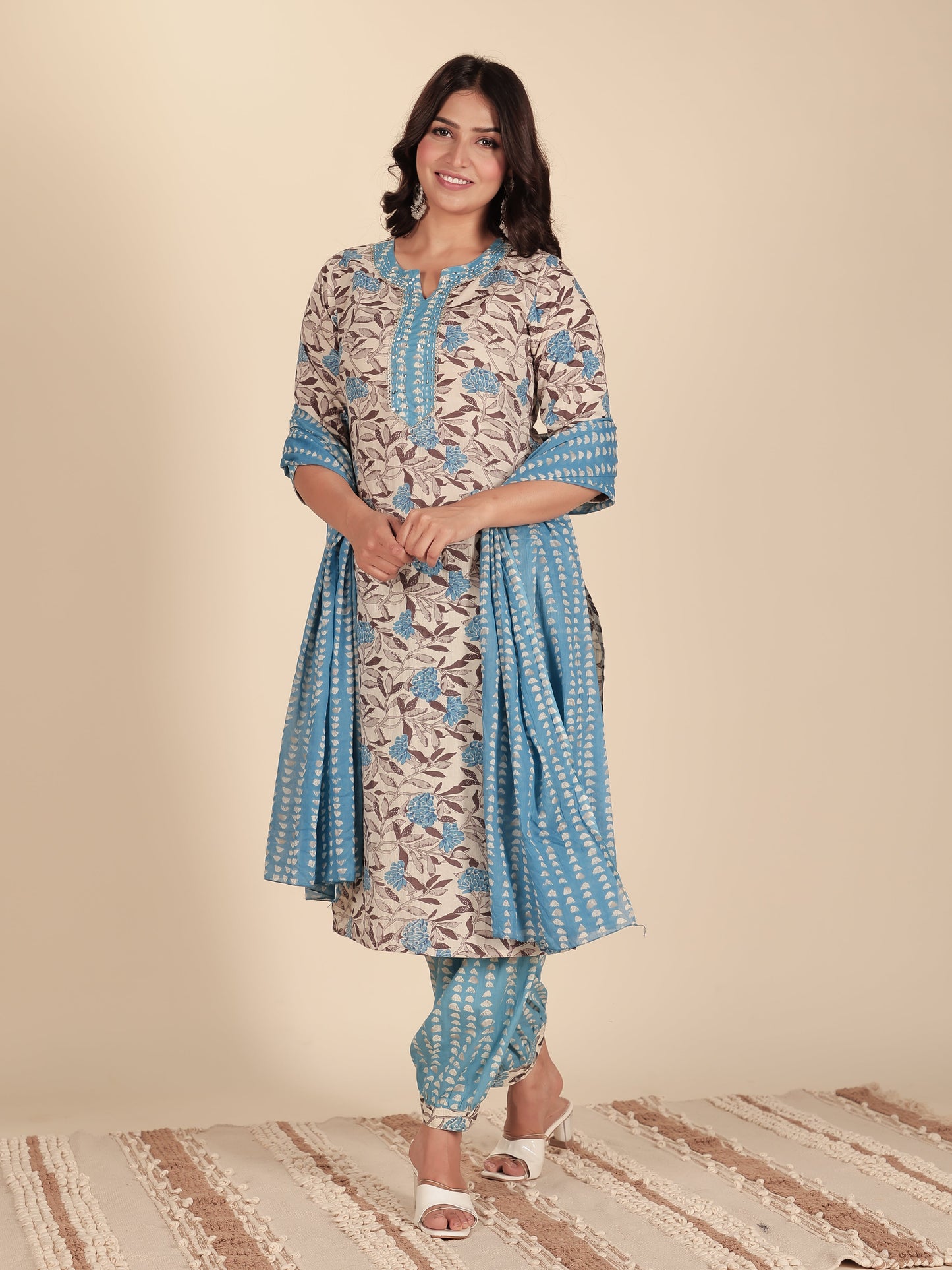 Soft Cotton Floral Straight Cream Kurta