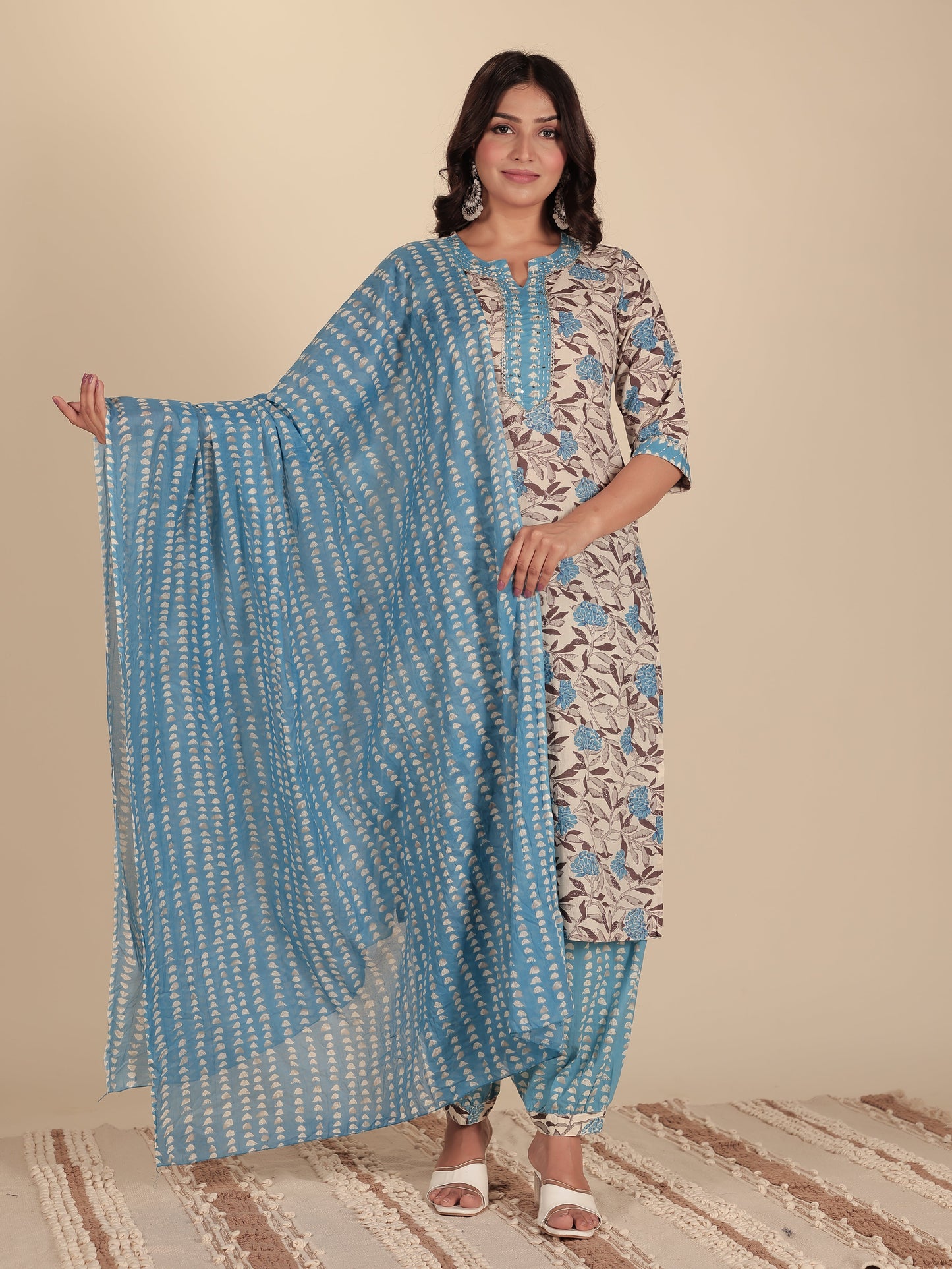 Soft Cotton Floral Straight Cream Kurta