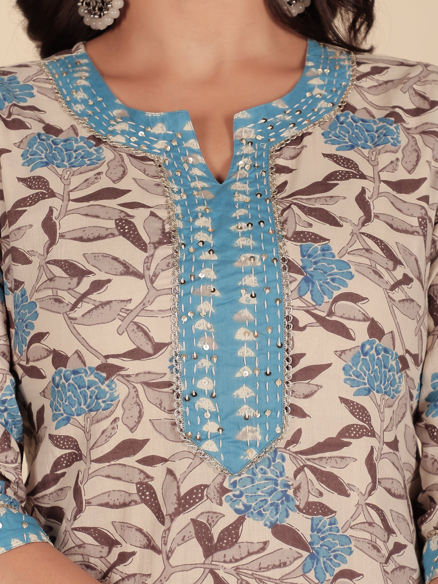 Soft Cotton Floral Straight Cream Kurta