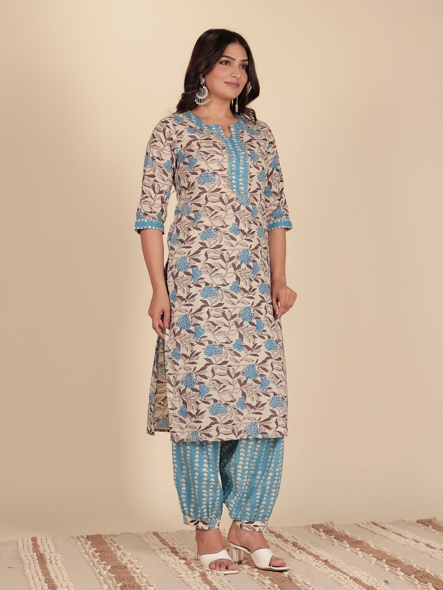 Soft Cotton Floral Straight Cream Kurta