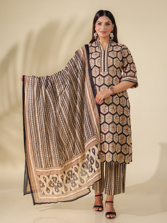 Soft Cotton Geometric Straight Black Kurta