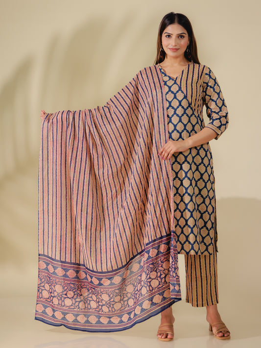 Soft Cotton Block Angrakha Blue Kurta