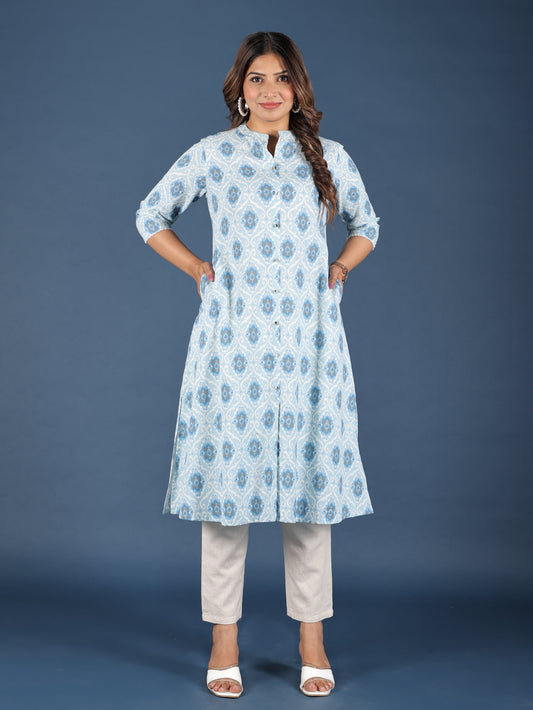 Linen Cotton Ikat A-line Blue Kurta