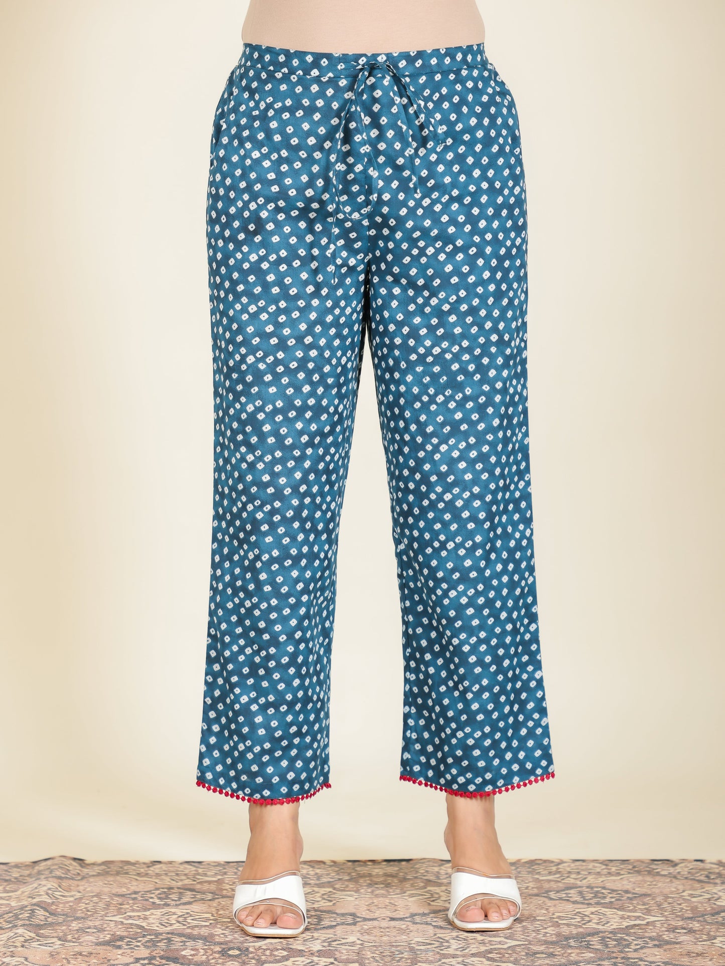 Soft Cotton Abstract Blue Straight Straight Trousers