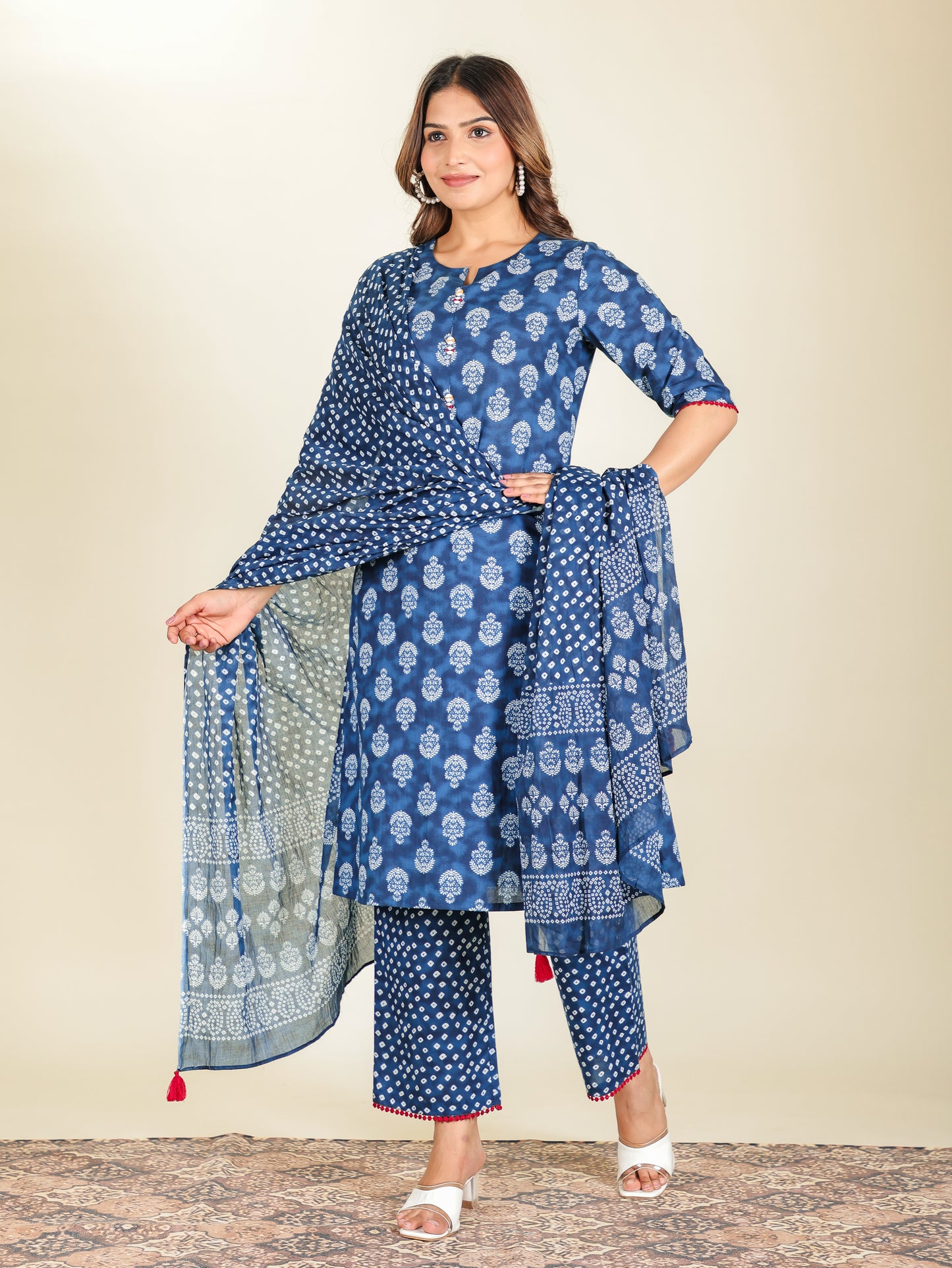 Embroidered Soft Cotton Block Print A-line Blue Kurta
