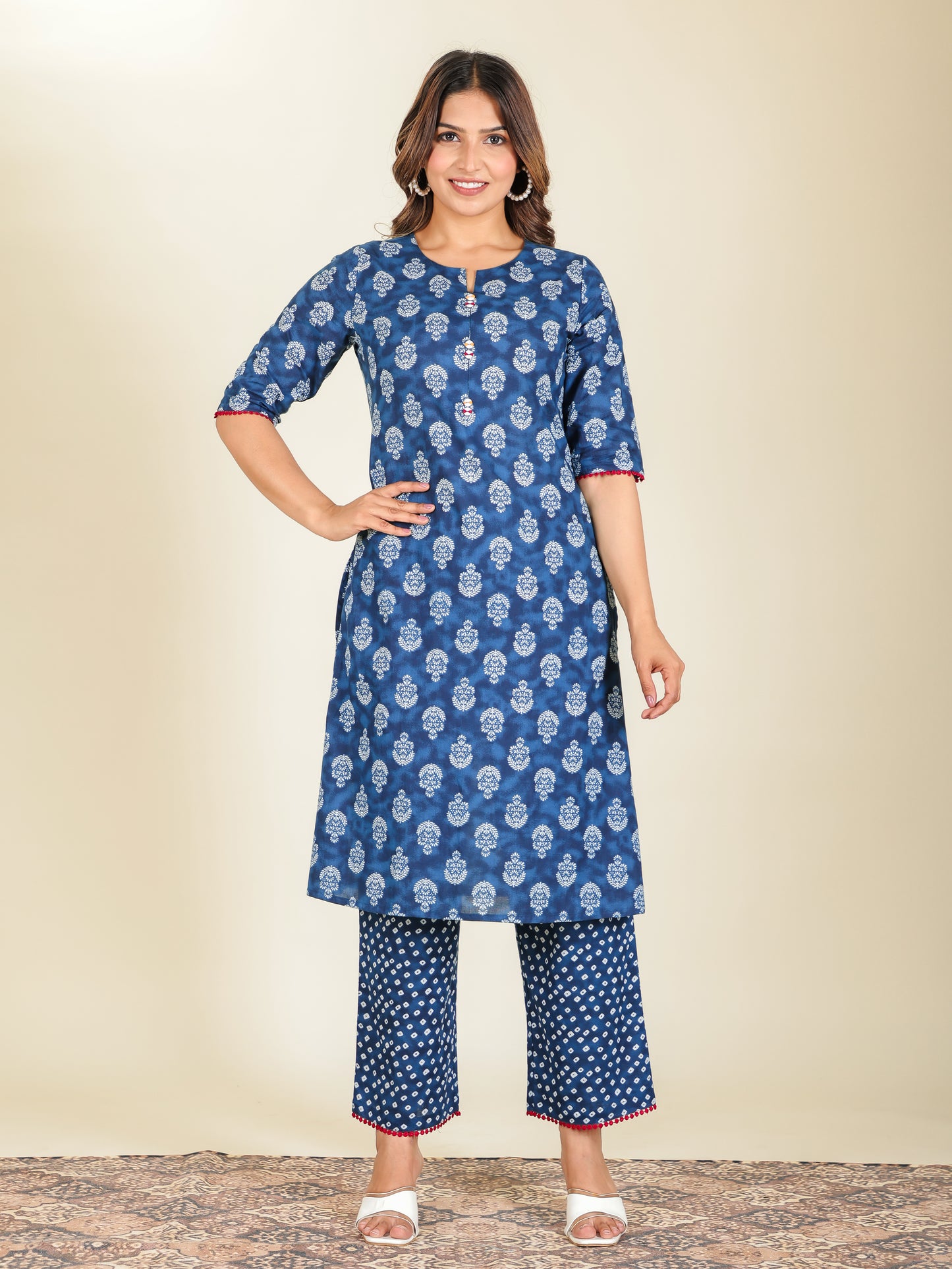 Embroidered Soft Cotton Block Print A-line Blue Kurta