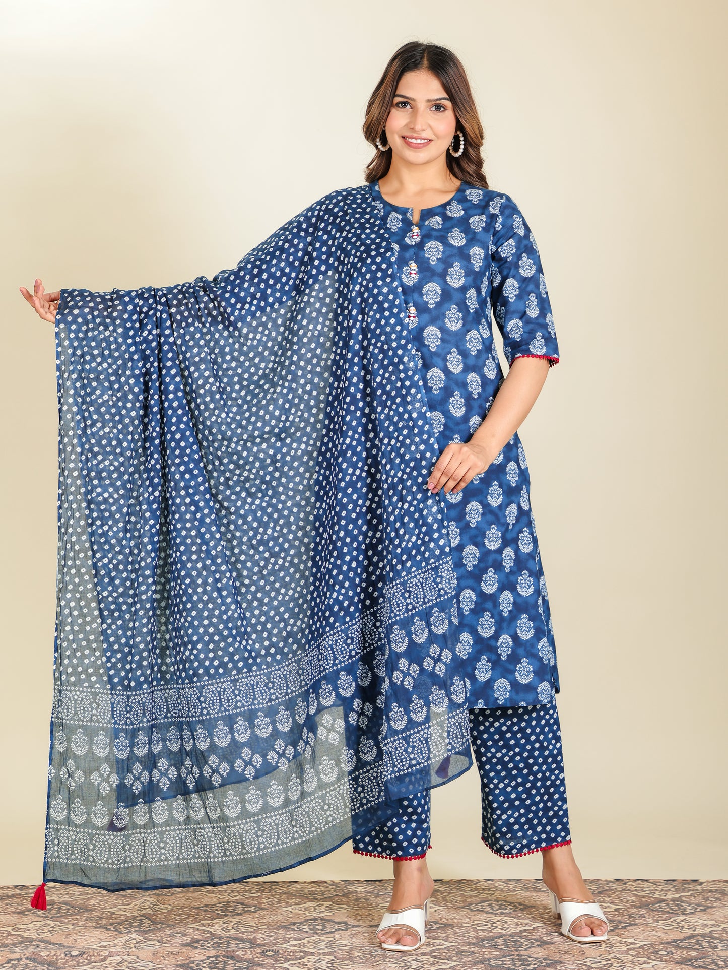 Embroidered Soft Cotton Block Print A-line Blue Kurta
