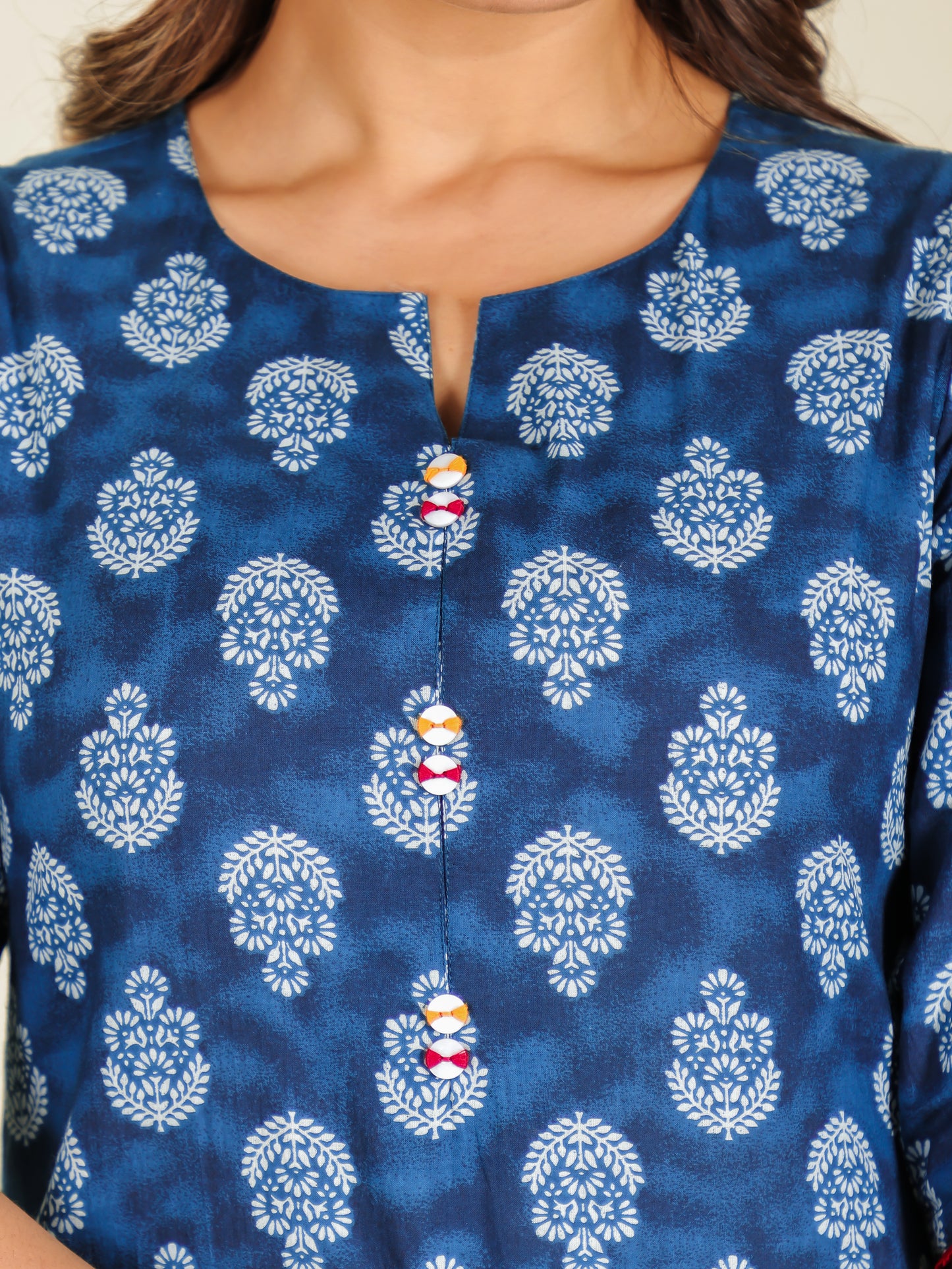 Embroidered Soft Cotton Block Print A-line Blue Kurta