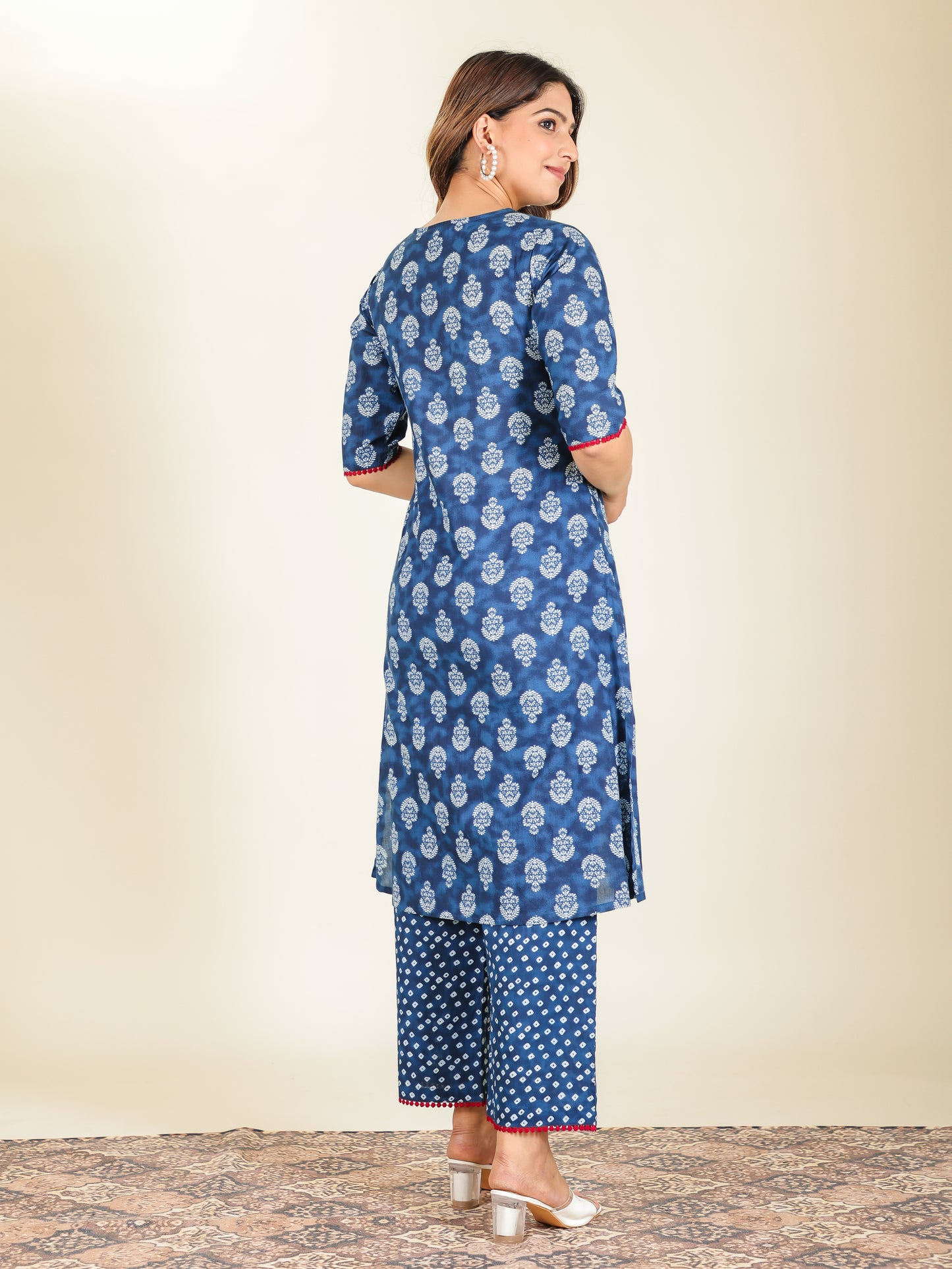 Embroidered Soft Cotton Block Print A-line Blue Kurta