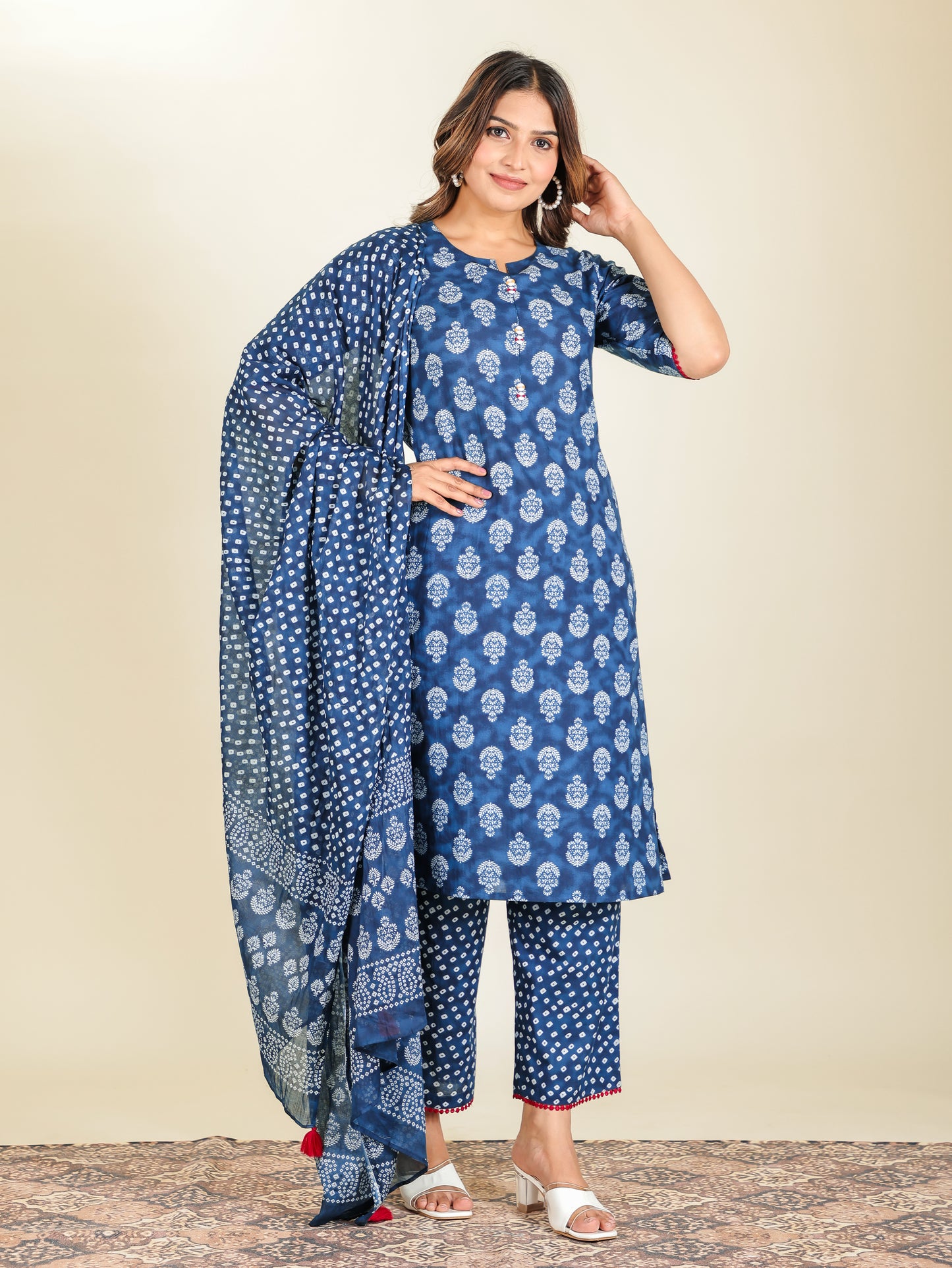 Embroidered Soft Cotton Block Print A-line Blue Kurta
