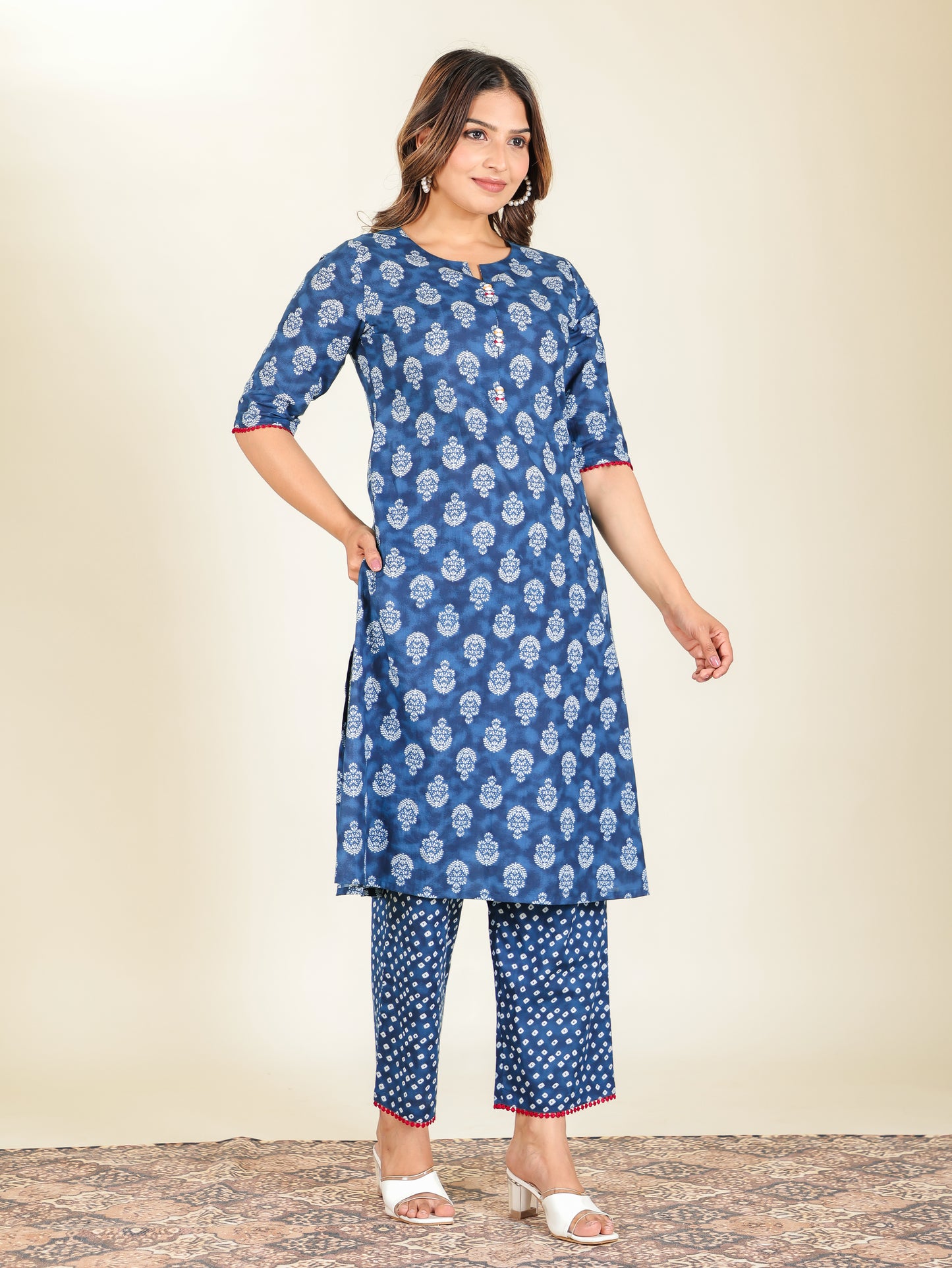 Embroidered Soft Cotton Block Print A-line Blue Kurta
