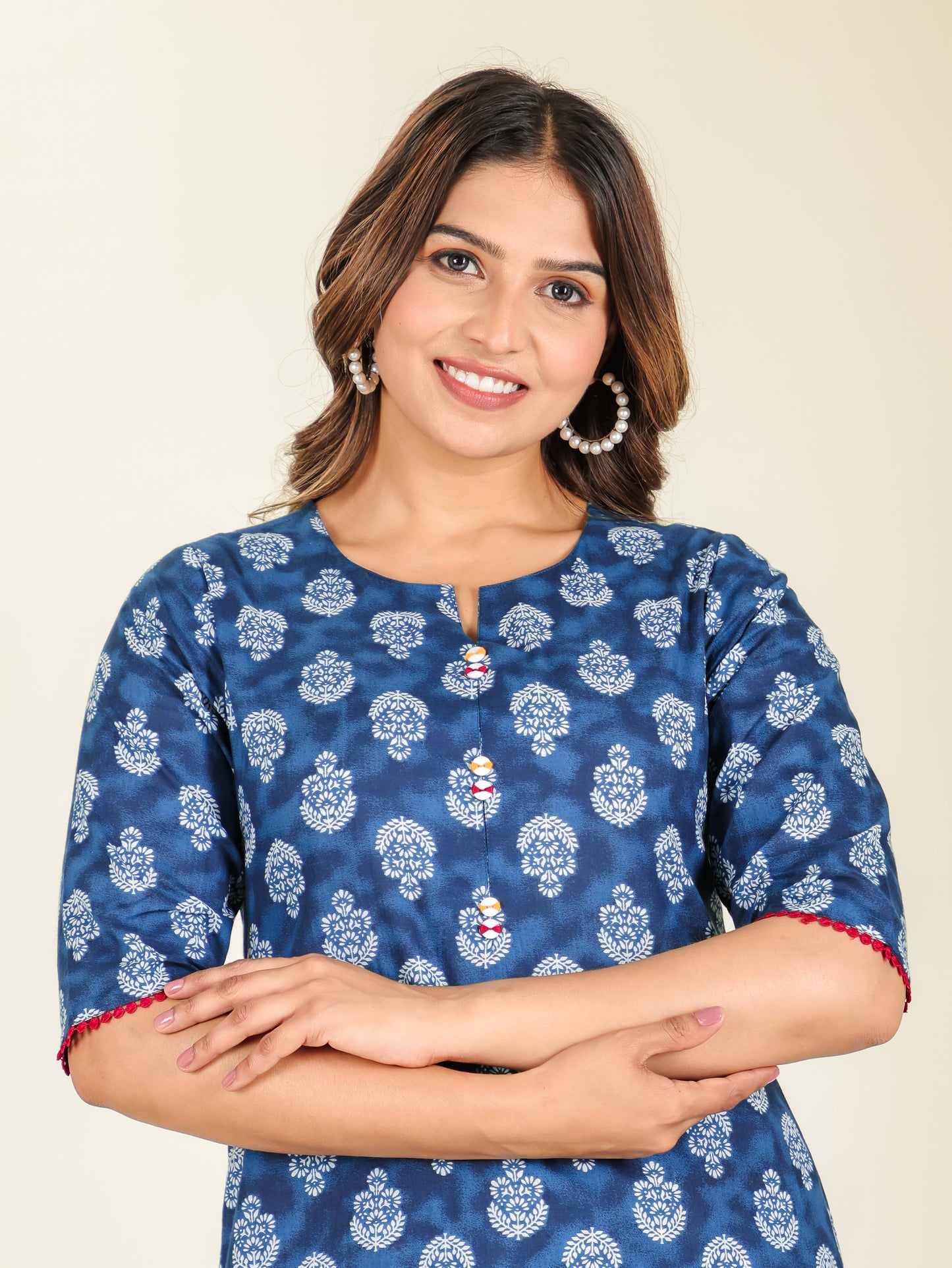 Embroidered Soft Cotton Block Print A-line Blue Kurta