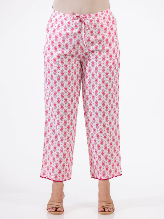 Soft Cotton Floral Pink Straight Trousers