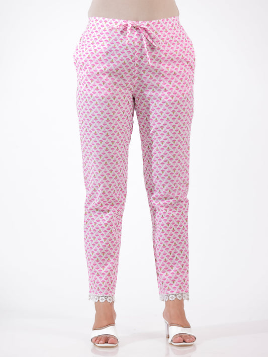 Soft Cotton Floral Pink Tapered Trousers