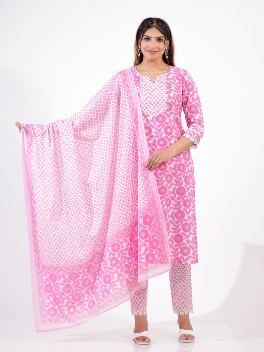 Soft Cotton Floral Straight Pink Kurta