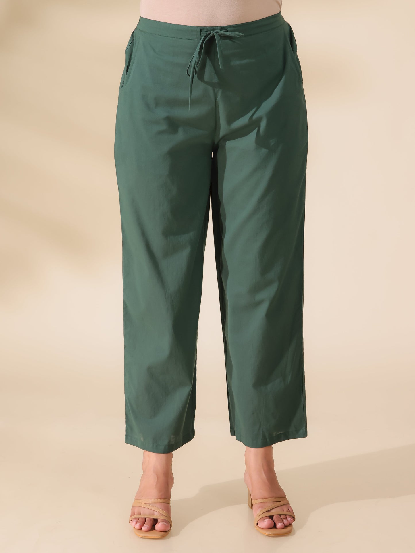 Soft Cotton Solid Green Straight Trousers