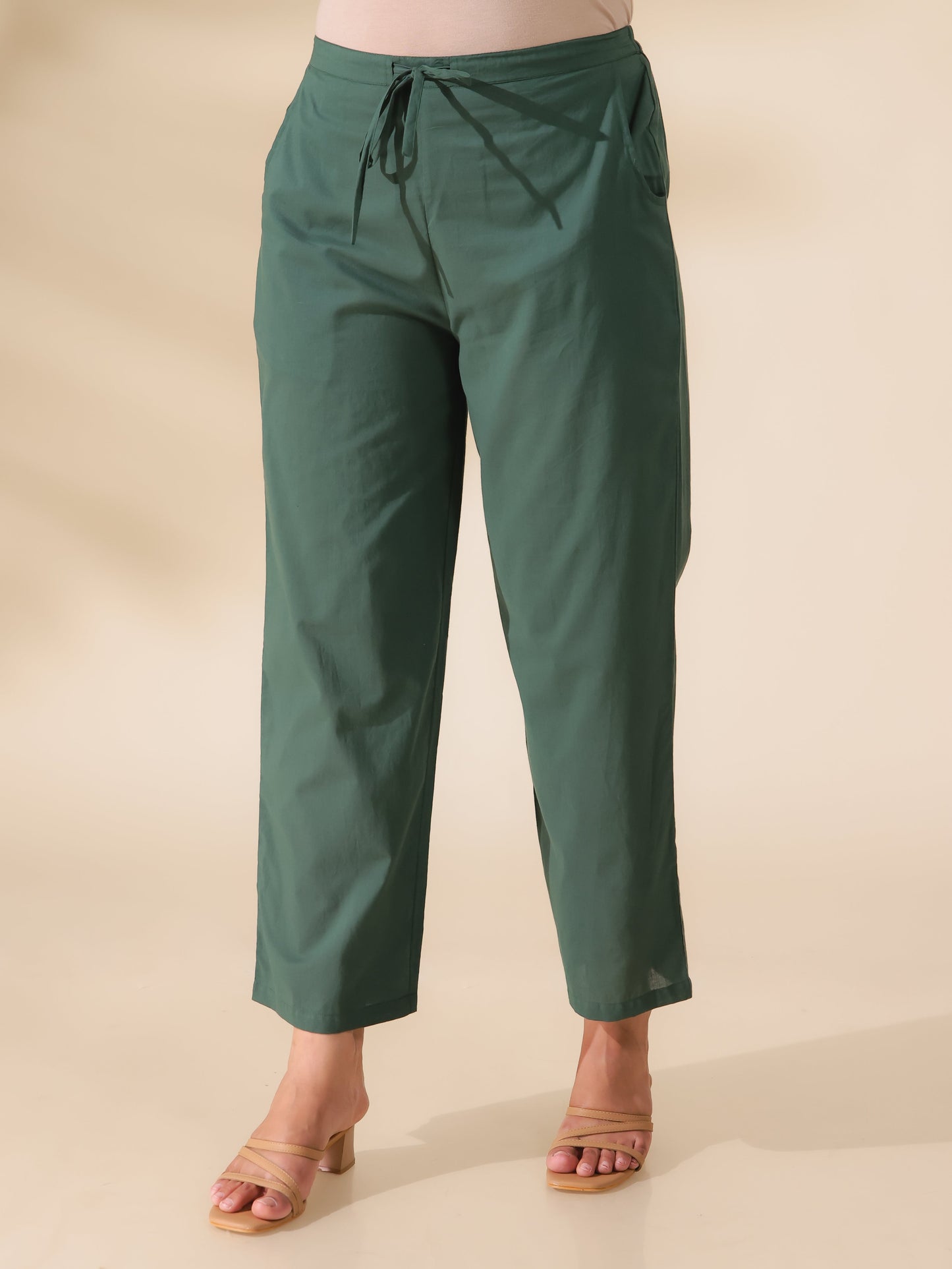 Soft Cotton Solid Green Straight Trousers