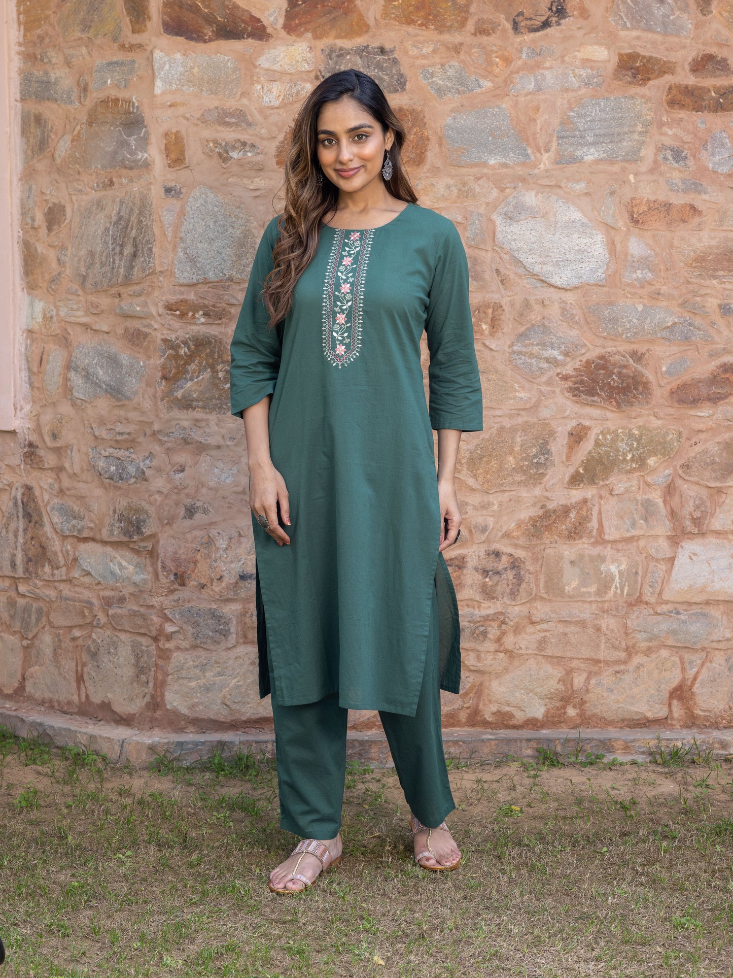 Embroidered Soft Cotton Solid Straight Green Kurta