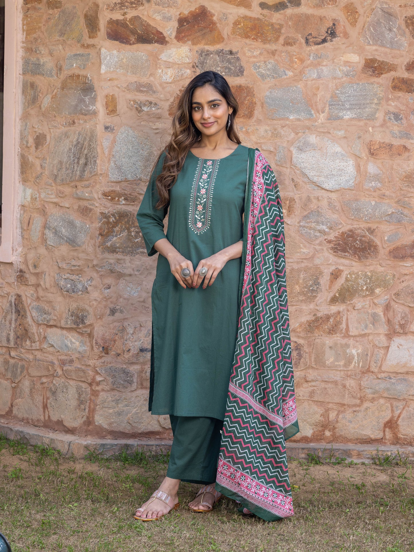 Embroidered Soft Cotton Solid Straight Green Kurta