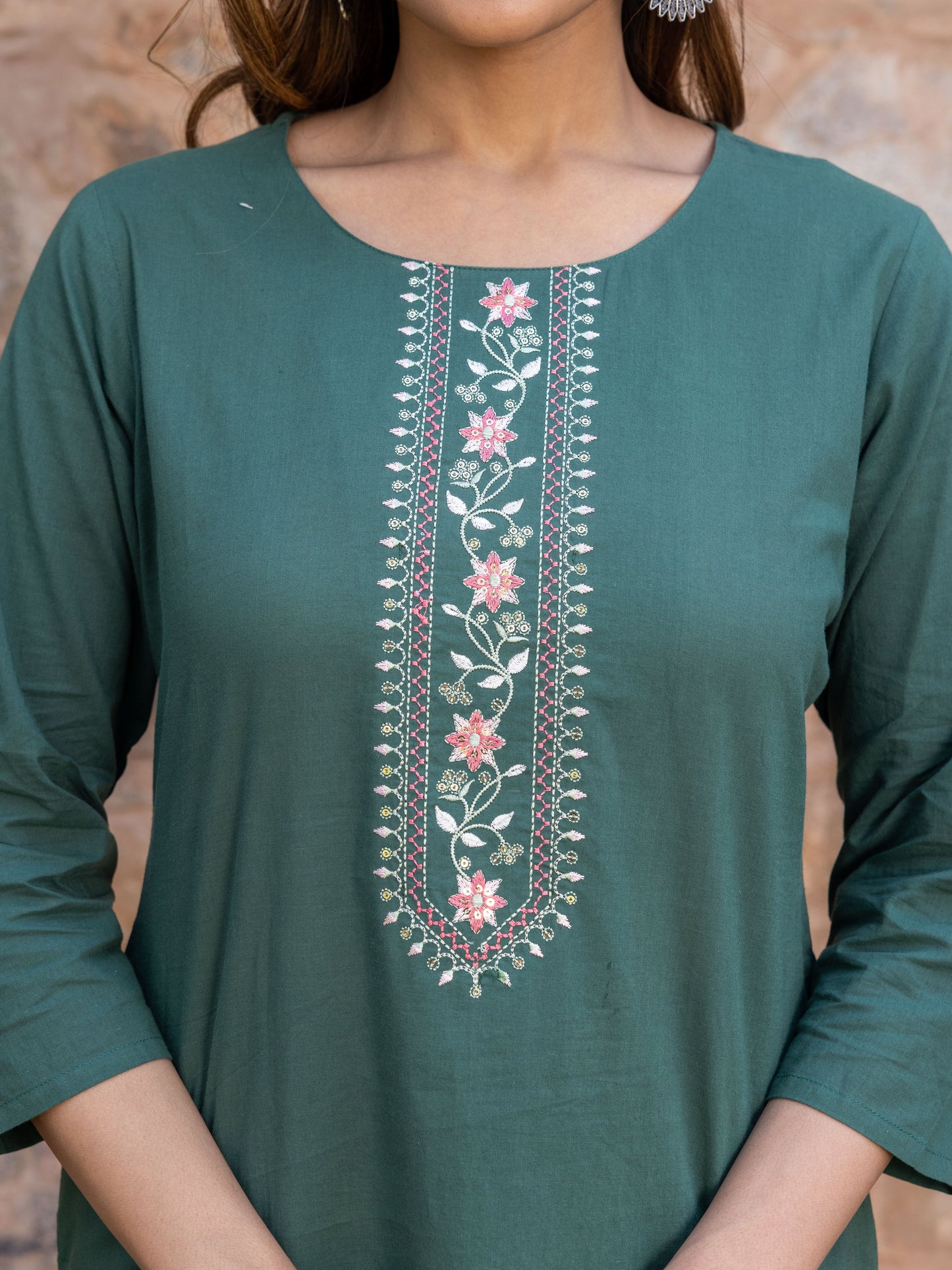 Embroidered Soft Cotton Solid Straight Green Kurta