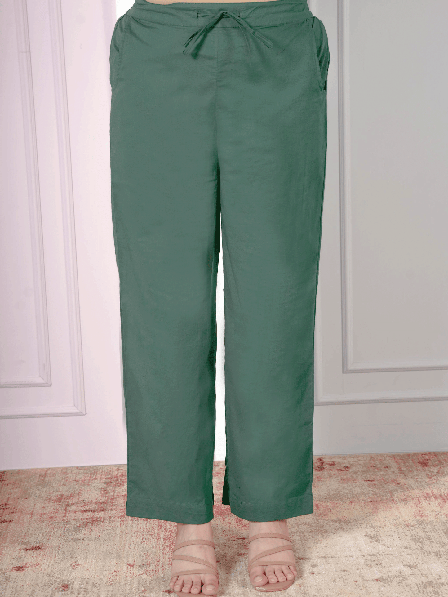 Soft Cotton Solid Green Straight Trousers