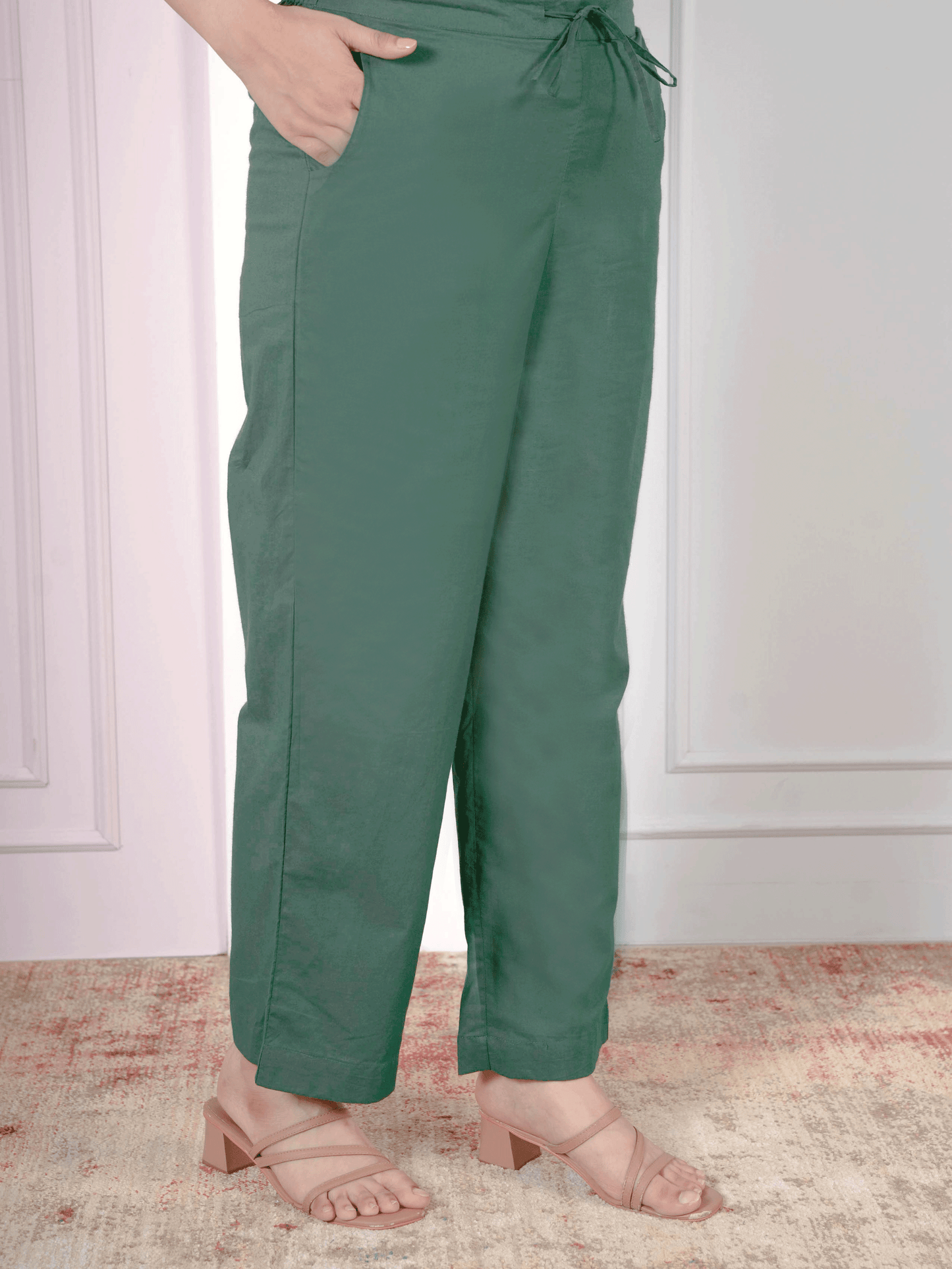 Soft Cotton Solid Green Straight Trousers
