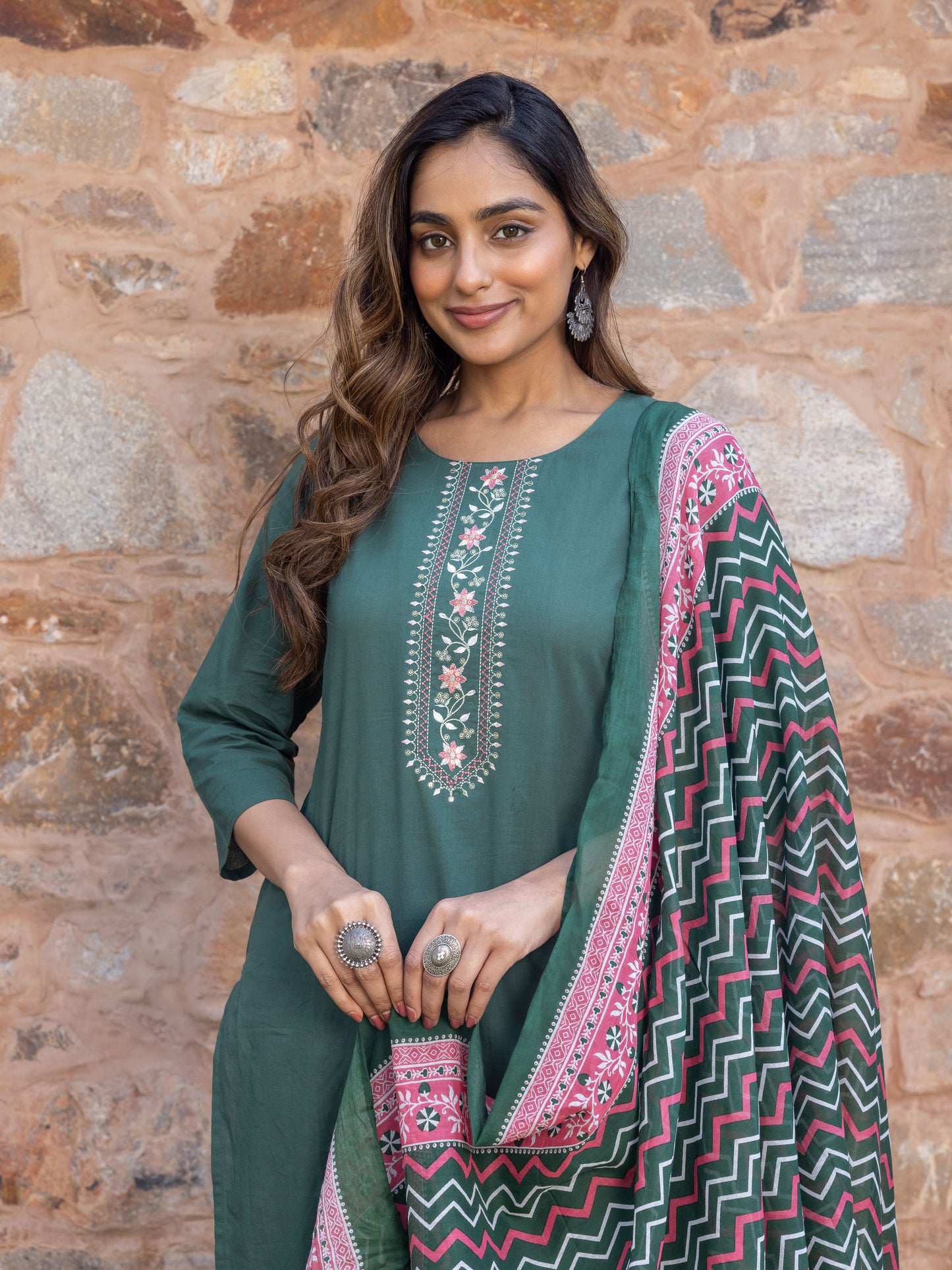 Embroidered Soft Cotton Solid Straight Green Kurta