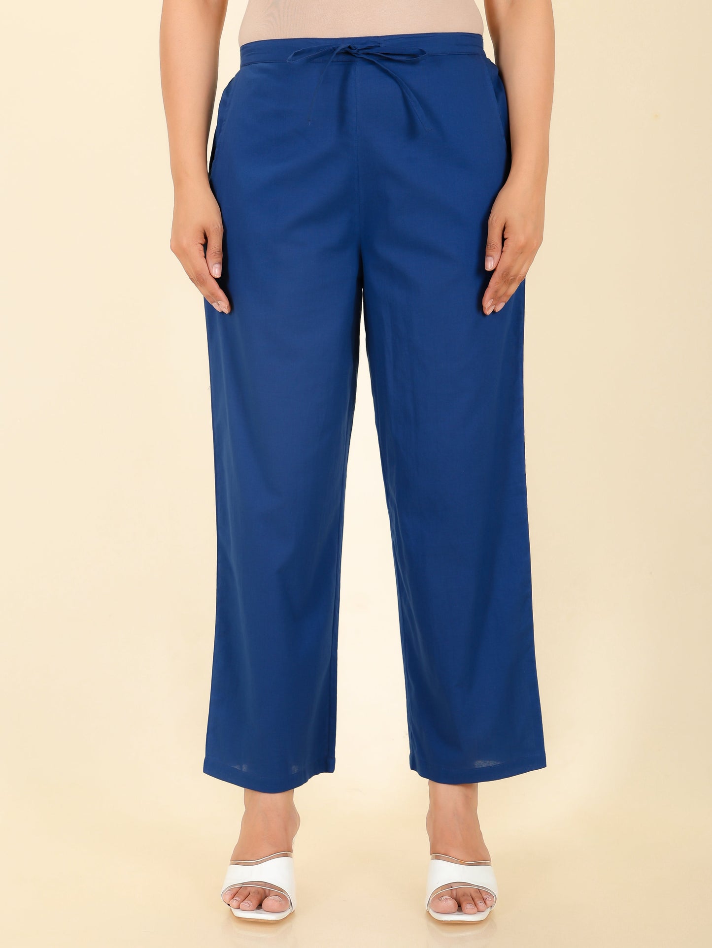 Soft Cotton Solid Blue Straight Trousers