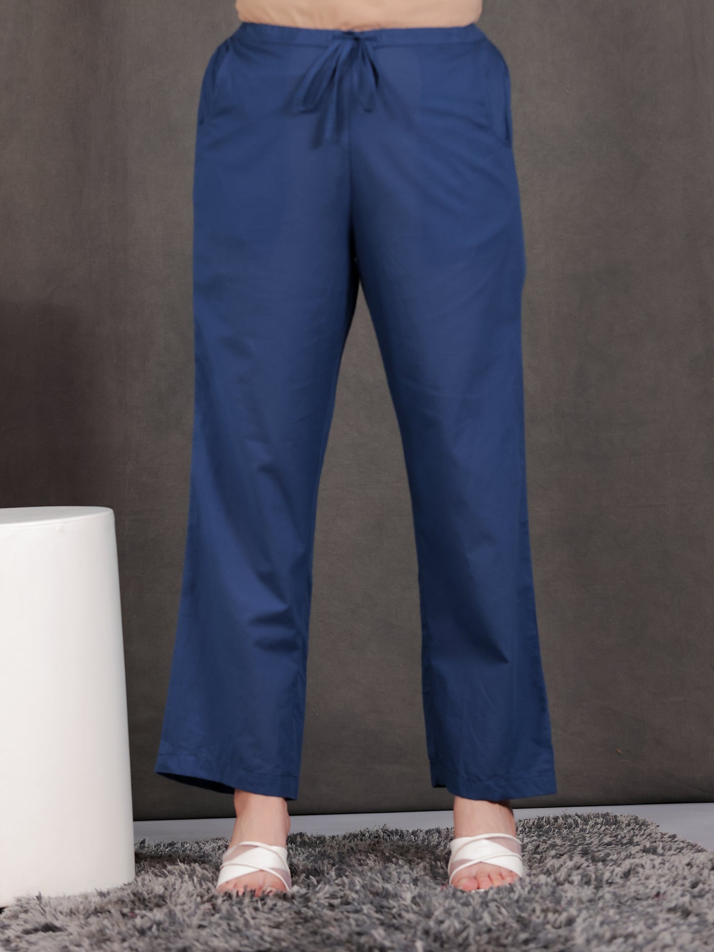 Soft Cotton Solid Blue Straight Trousers