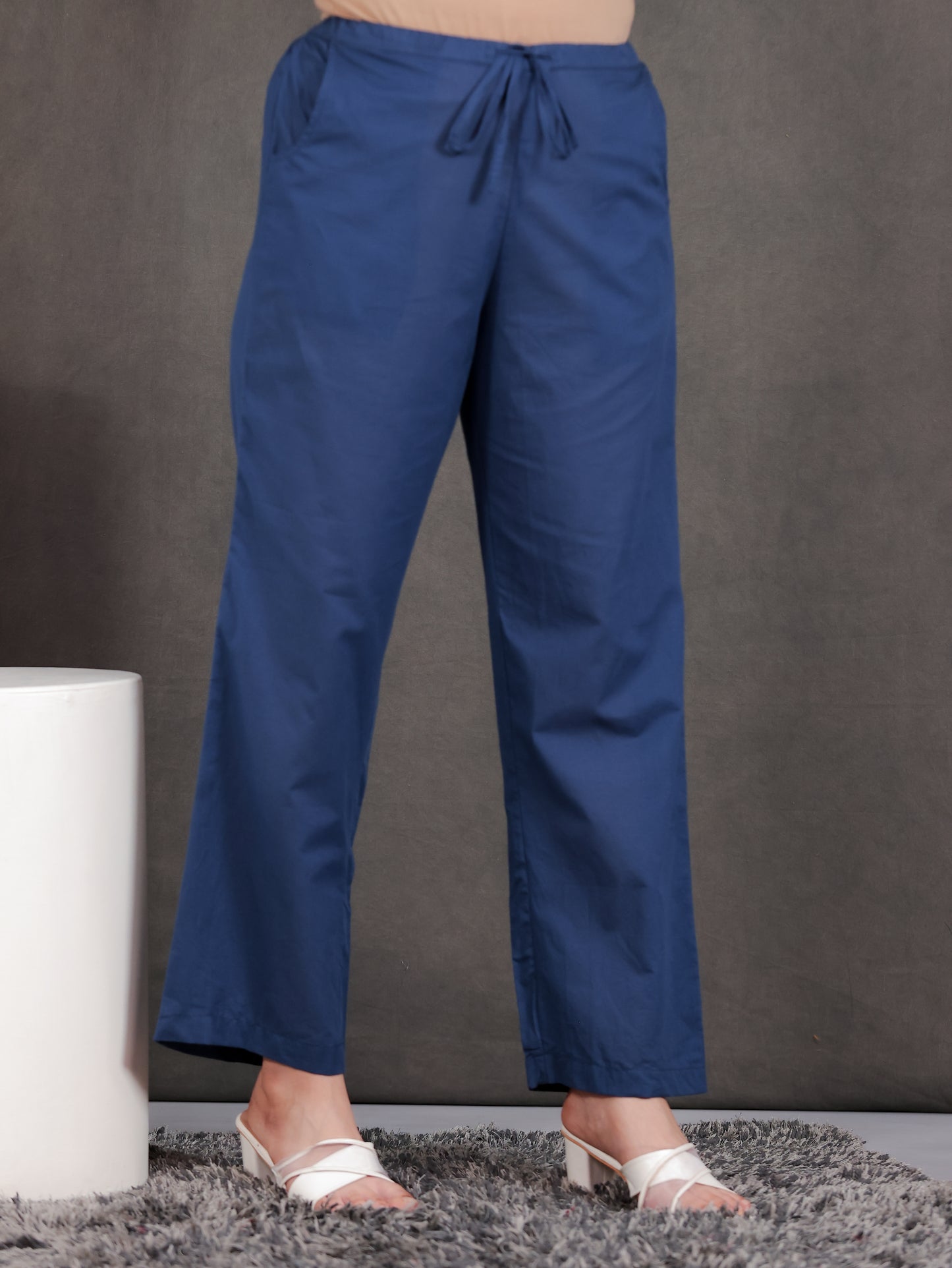 Soft Cotton Solid Blue Straight Trousers