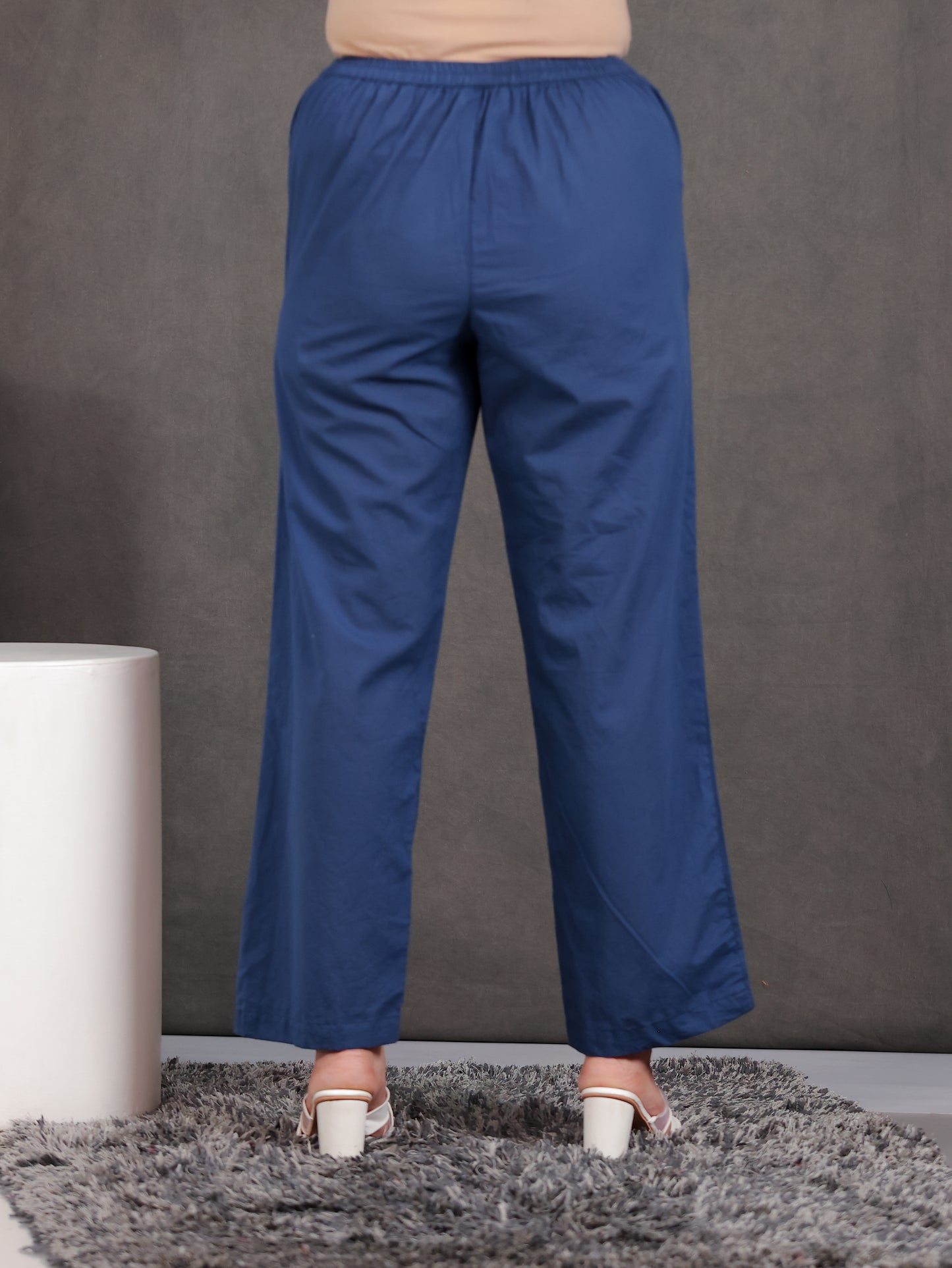 Soft Cotton Solid Blue Straight Trousers