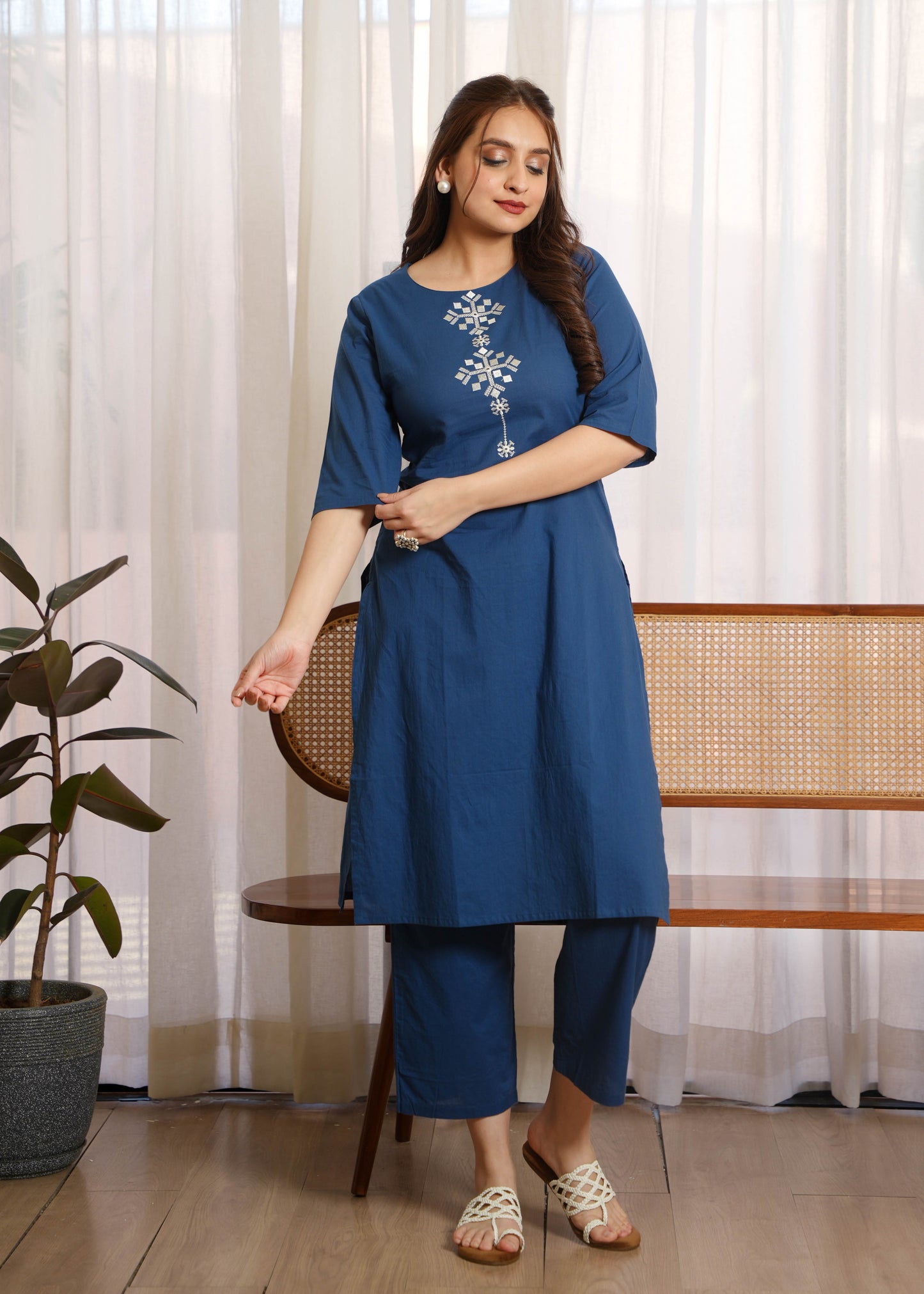 Soft Cotton Solid Straight Blue Kurta