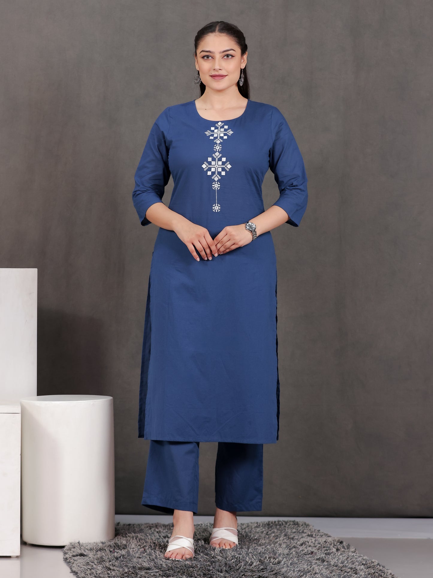 Soft Cotton Solid Straight Blue Kurta