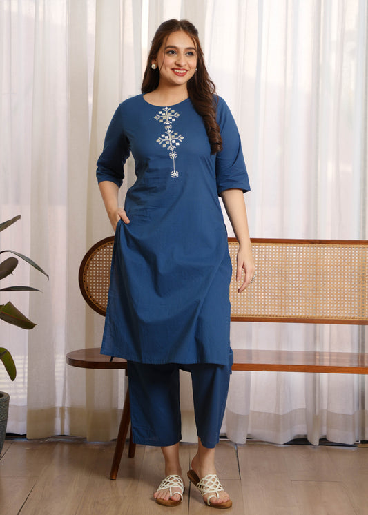 Soft Cotton Solid Straight Blue Kurta