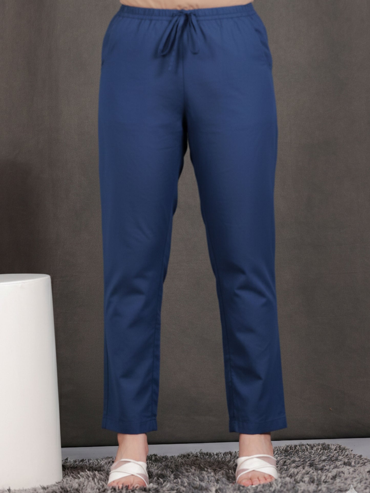 Soft Cotton Solid Blue Straight Trousers