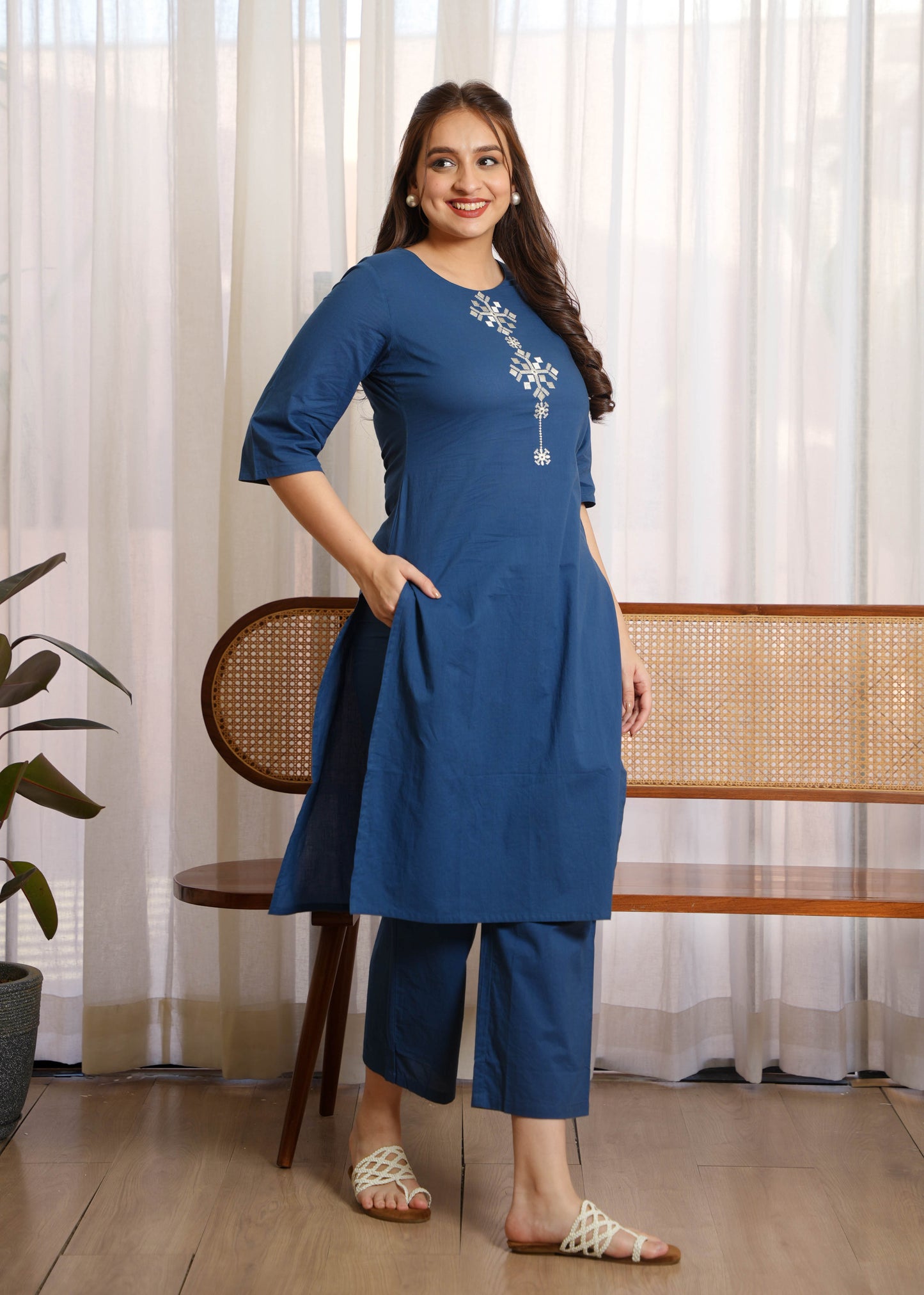 Soft Cotton Solid Straight Blue Kurta