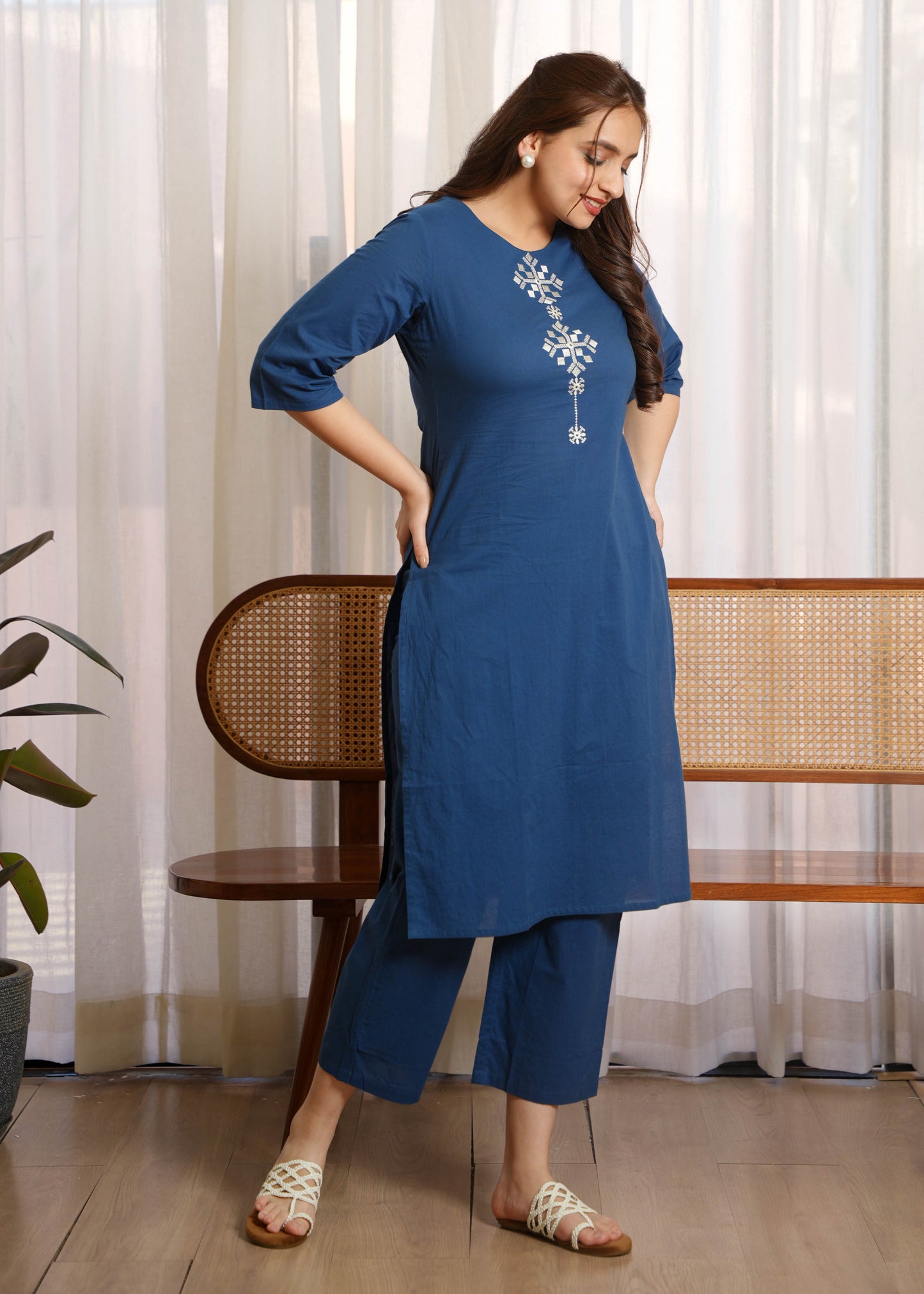 Soft Cotton Solid Straight Blue Kurta