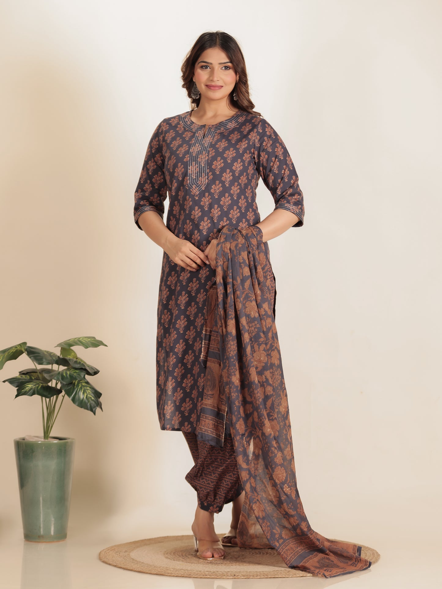 Soft Cotton Floral Straight Grey Kurta