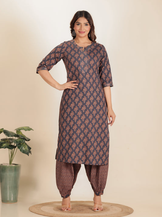 Soft Cotton Floral Straight Grey Kurta