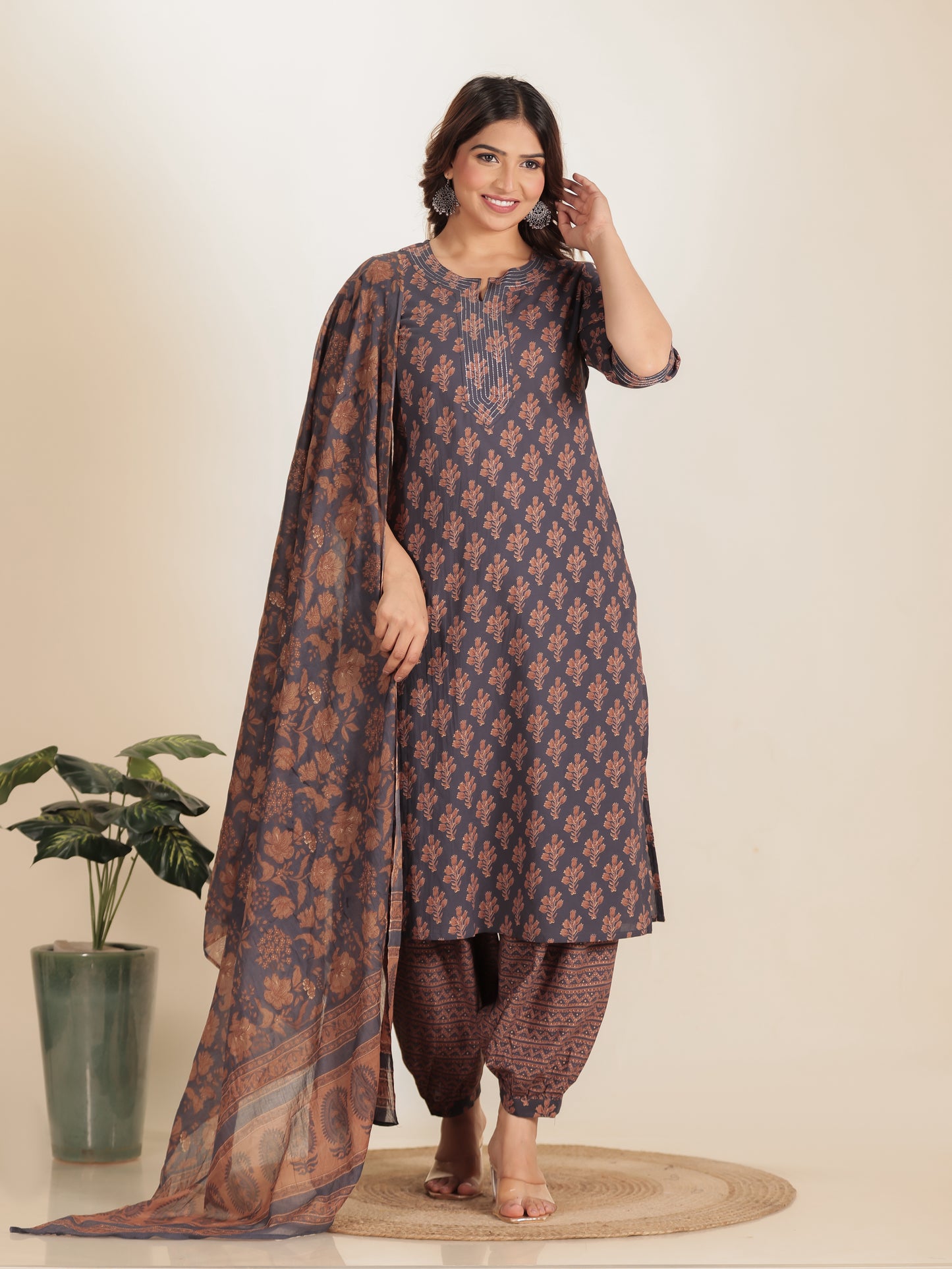 Soft Cotton Floral Straight Grey Kurta