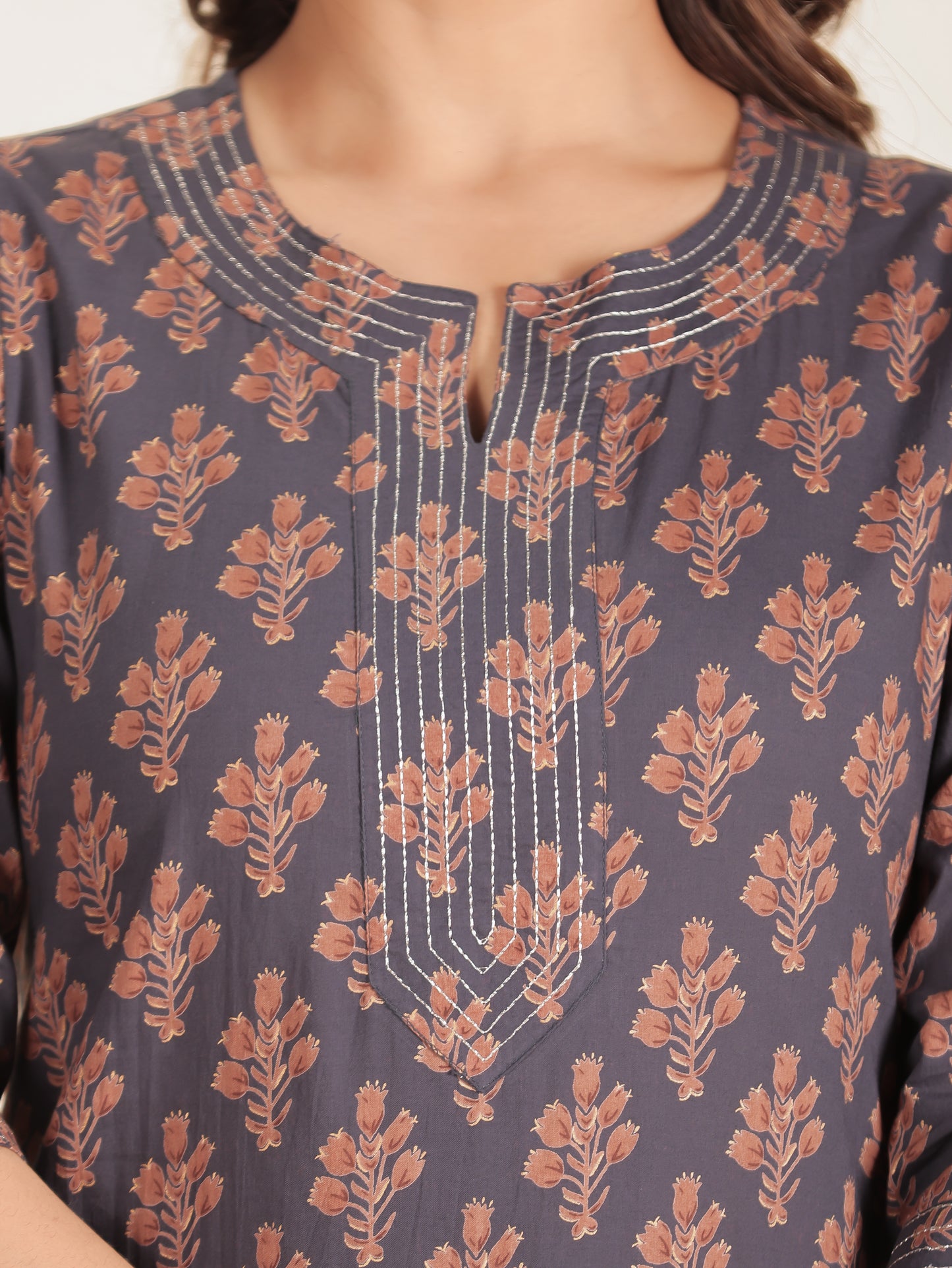 Soft Cotton Floral Straight Grey Kurta