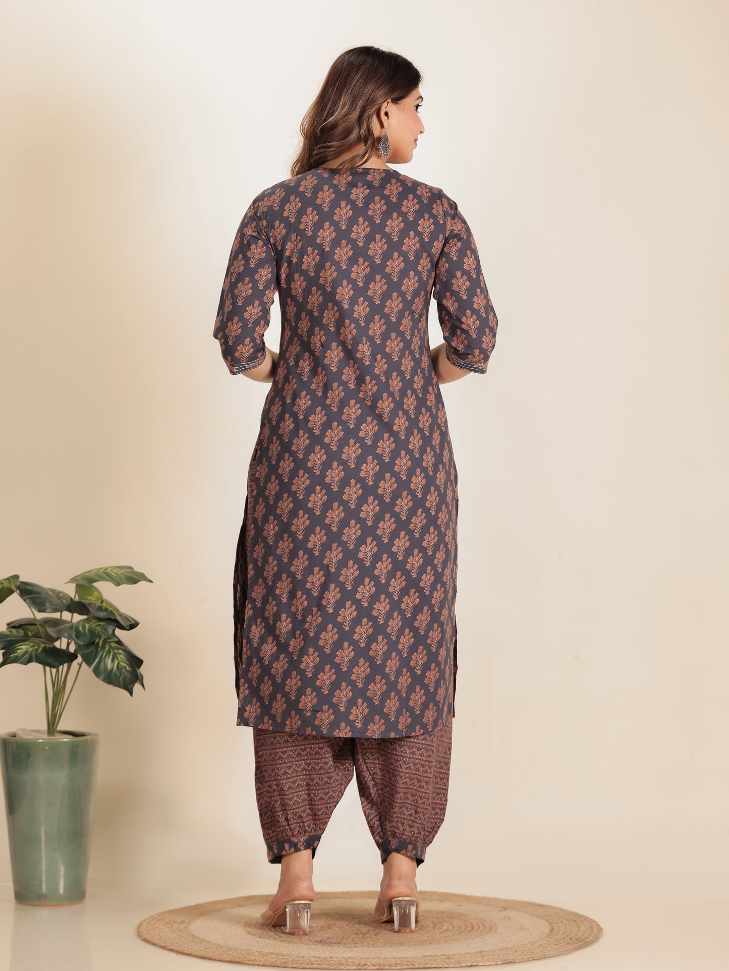 Soft Cotton Floral Straight Grey Kurta