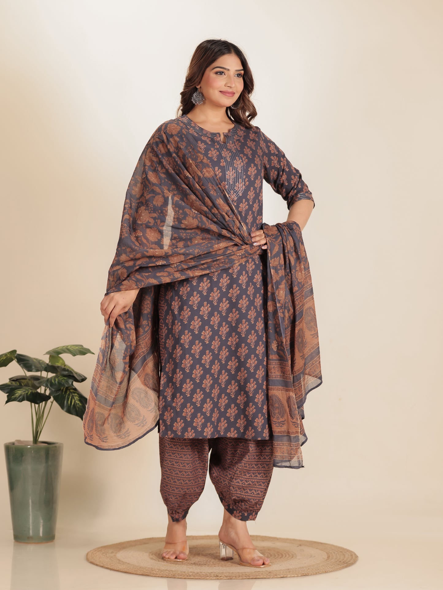 Soft Cotton Floral Straight Grey Kurta