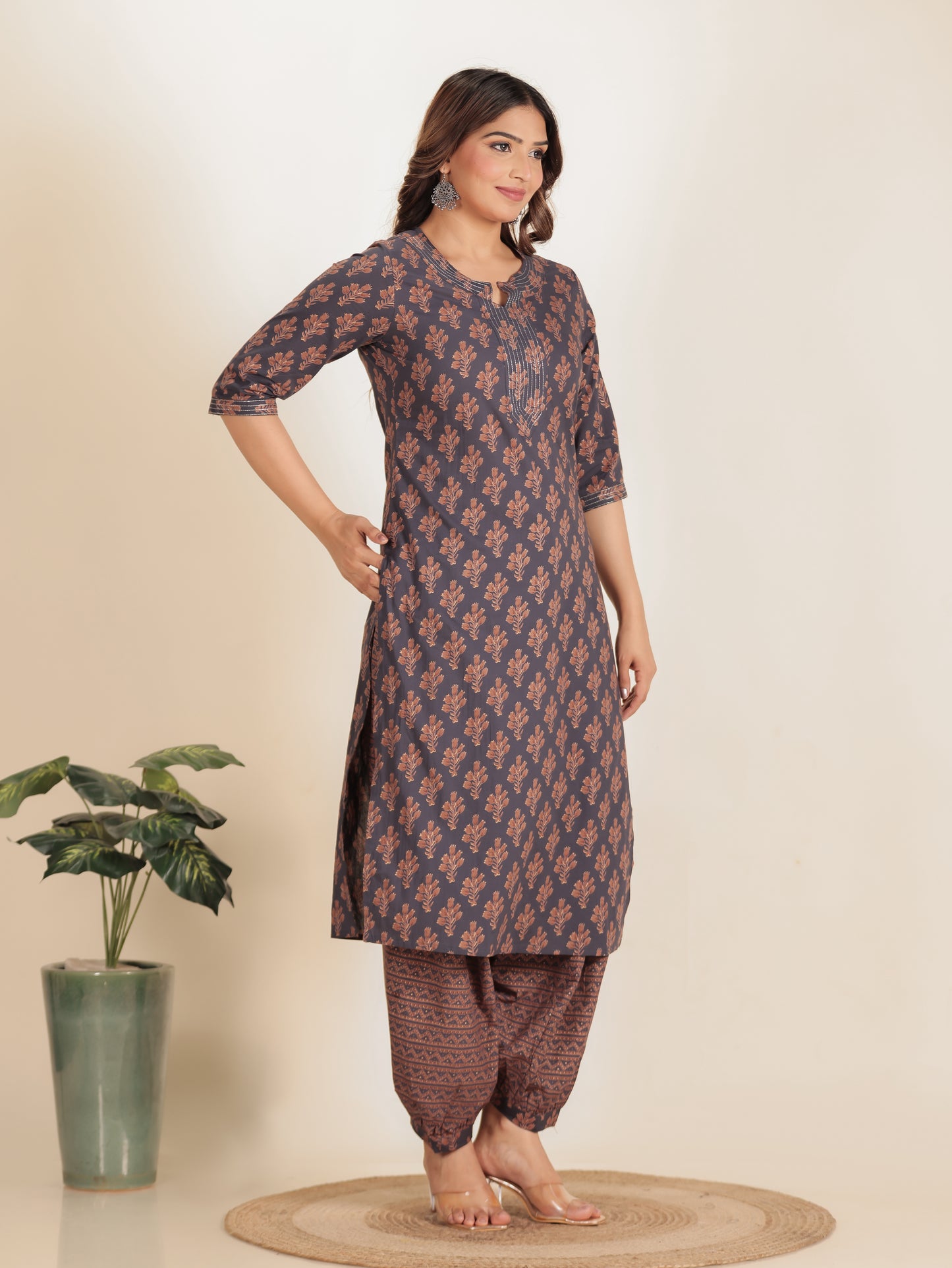 Soft Cotton Floral Straight Grey Kurta