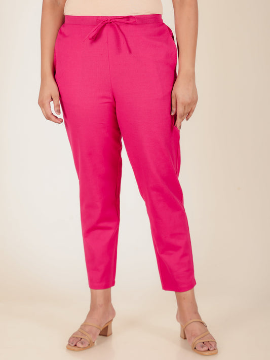 Linen Cotton Solid Pink Tapered Trousers
