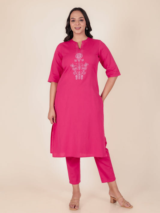 Linen Cotton Solid Straight Pink Kurta