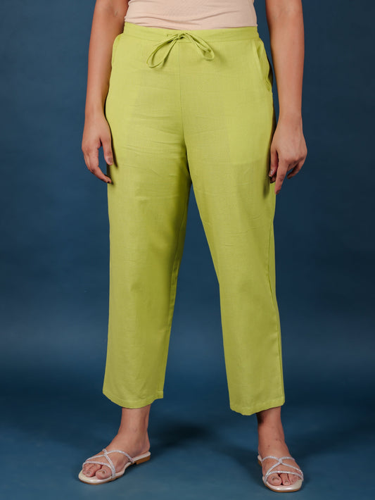Linen Cotton Solid Green Straight Trousers