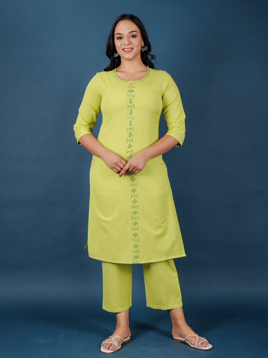Linen Cotton Solid Straight Green Kurta