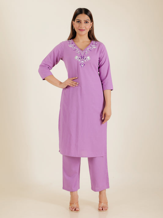 Linen Cotton Solid Straight Purple Kurta