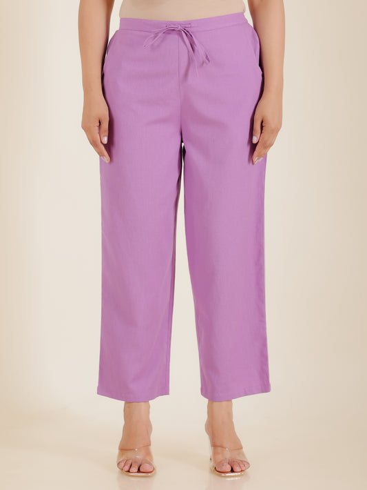 Linen Cotton Solid Purple Straight Trousers